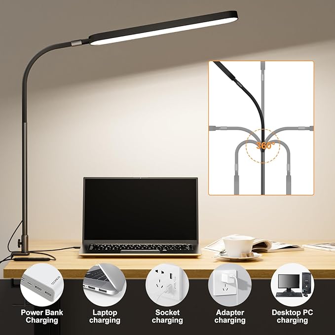 SKYLEO Led Desk Lamp - Desk Light for 33.5" Tall - Flexible Gooseneck - 5 Color Modes X 11 Brightness Levels - 1300LM - Timmer & Memory Function - 12W Clip on Light - Black