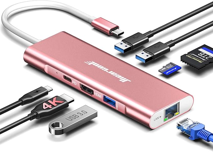 Hiearcool USB C Hub Ethernet, 8in1 USBC Hub Multi-Port Adapter, USB-C to HDMI Docking Station Type C Adapter Dongle Compatible for MacBook Dell XPS HP ASUS and More Type-C Devices-Rose Gold