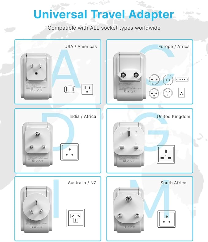 Universal Travel Adapter Kit, VINTAR 35W 5FT Detachable Extension Cord with 4 AC and 3 USB Ports(2 USB-C), Type A, C, D, G, I, M International Power Adapter for EU/India/South Africa