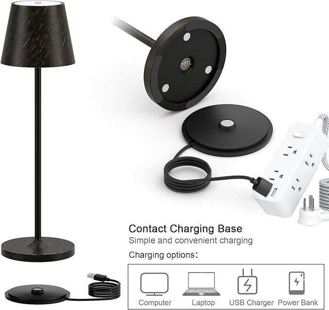 Ralbay IP54 Aluminum Cordless Rechargeable Table Lamp LED Modern Battery Operated 4800mAh Waterproof Portable Stepless Dimmable Desk Lamp for Restaurant/Bedroom/Camping/Outdoor (Black Brush Gold)