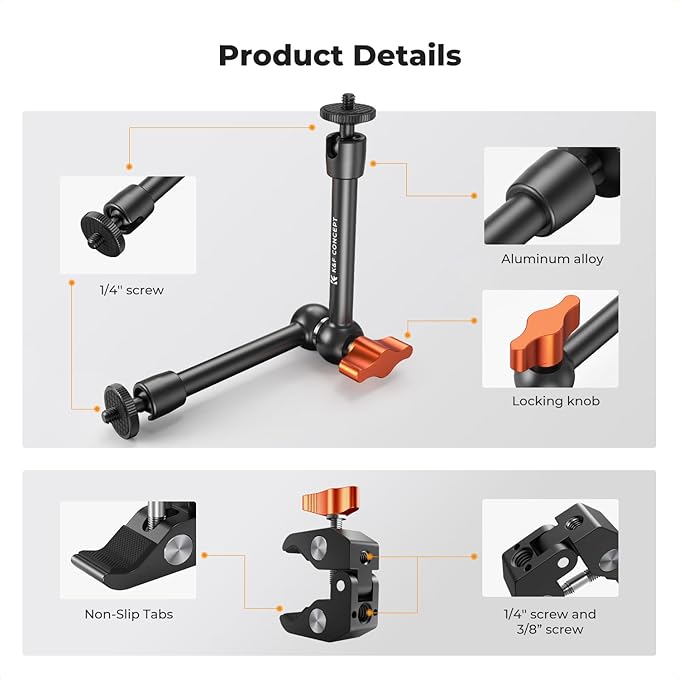 K&F CONCEPT 9.8" Magic Arm Clamp Kit with 1/4" & 3/8" Thread Screw 360° Ball Heads Articulating Magic Arm Camera Mount for DSLRs, Monitor, Flash, LED Light, Microphone, Camera Cage, Action Camera