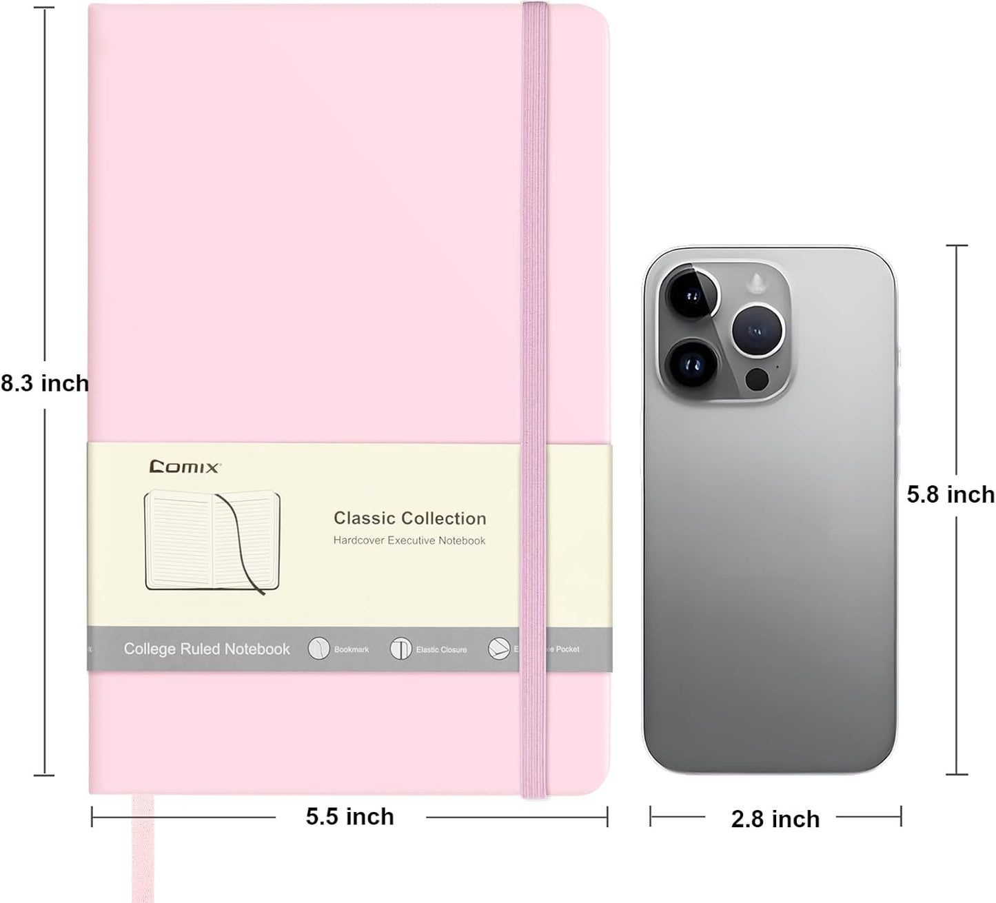 Comix Lined Journal Notebook for Women Men, Journaling Notebooks for Office School Home, Pink, 240 Pages, 5.5" x 8.3", College Ruled, A5, Hardcover