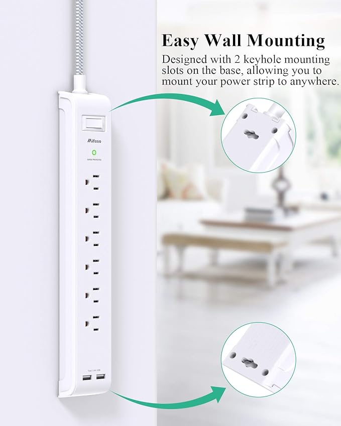2 Pack Power Strip - 15FT Long Extension Cord, Surge Protector with 6 Outlets and 2 USB Charging Ports, Flat Plug Overload Protection, (1625W/13A/900J), Wall Mount for Home Office and Dorm, ETL Listed