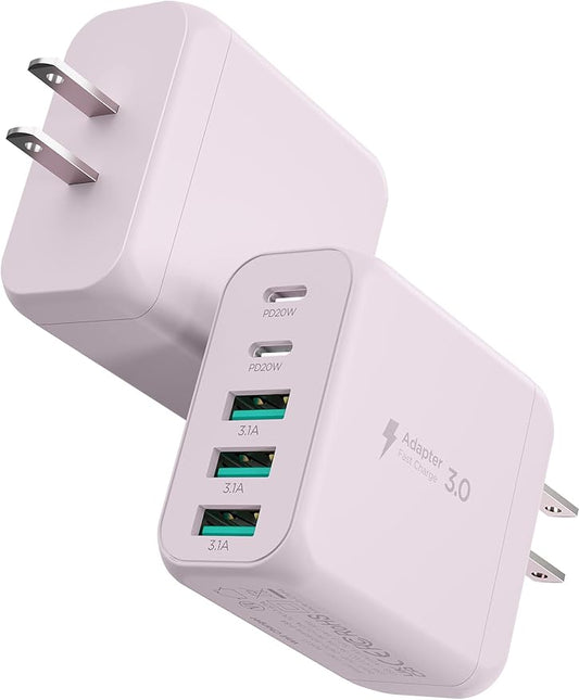 USB C Charger Block, [2-Pack] Type C Charger Fast Charging,50W 5-Port USB Wall Charger Multiport Type C Charging Block Cube for iPhone 17/16/15/14/13/12/11 Pro Max XS,iPad,Samsung&More-Pink