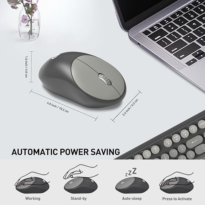 FD Wireless Keyboard and Mouse Combo - 2.4G Full-Sized Cute Colorful Mouse and Keyboard with 104 Round Keys Retro Typewriter Keyboards for Laptop/Windows/PC - Grey Gradient