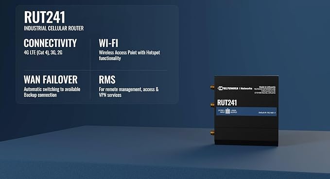 Teltonika RUT241 Industrial 4G LTE Router – Compact & Rugged Wireless Router with Ethernet, WiFi, VPN, RMS Support, Remote Monitoring, and IoT Connectivity (RUT241098000)
