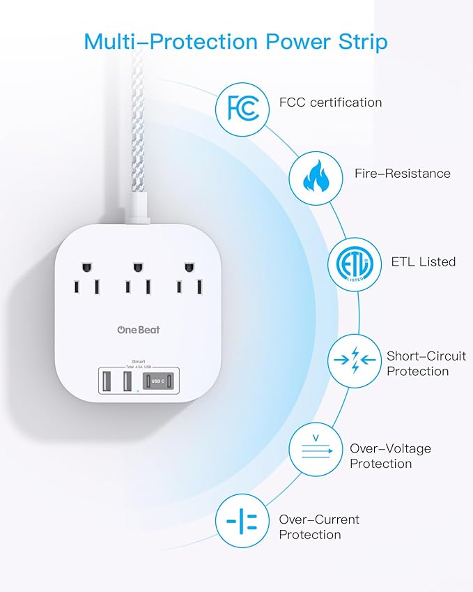 One Beat Power Strip with USB C, 3 Outlets 4 USB Ports (22.5W/4.5A) Desktop Charging Station, Flat Plug, 5ft Braided Extension Cord, Non Surge Protector for Travel, Cruise Ship, ETL Listed