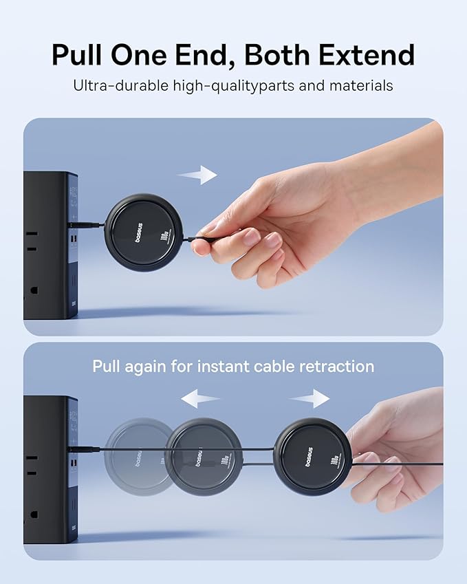 Baseus USB C to USB C Cable, 100W Retractable USB C 5A Fast Charging Cable, 4-Stage Length Preset USB Type C Charger Cord for iPhone 17 16 Pro Plus Pro Max, MacBook, iPad, Samsung S24/S23+ (3.3ft)