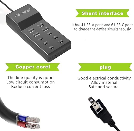 i Phone 16 15 Charger Fast Charging，USB Multi Device Charging Station USB Charger 10 Ports 4A-6C Power Hub with Smart Plug Charging Stand Compatible with iPhone 15, iPod, Galaxy S Smartphones