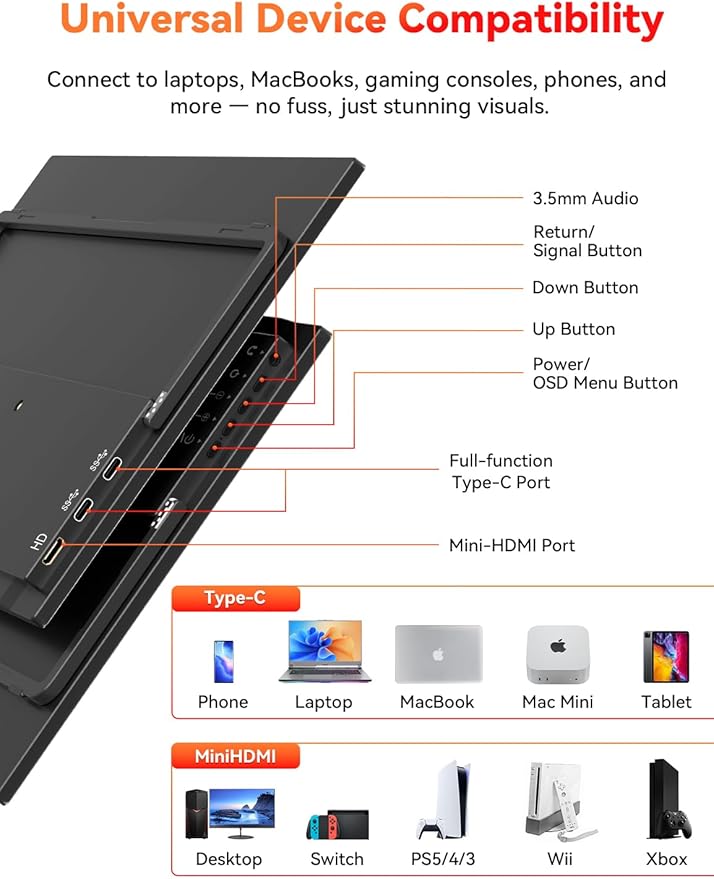 HotYeah Portable Monitor, 15.6-in 1080P FHD Laptop Monitor USB-C HDMI External Computer Display HDR FreeSync IPS w/Kickstand & Speaker, 2nd Screen for Laptop PC Mac Phone Tablet Switch PS5 Xbox