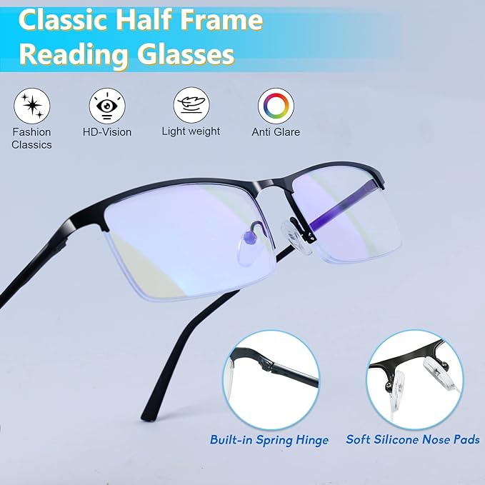 Blue Light Blocking Glasses, Lightweight Metal Half Frame Computer Reading/Gaming/TV/Phones Glasses,Filter UV Ray/Computer Glare with Spring Hinge Eyeglasses(Black+Gray)