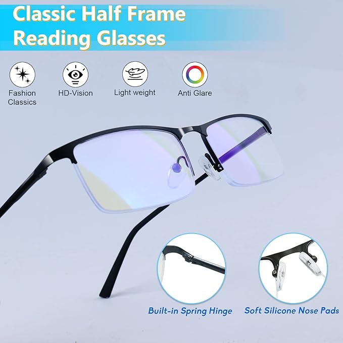 Blue Light Blocking Glasses, Lightweight Metal Half Frame Computer Reading/Gaming/TV/Phones Glasses,Filter UV Ray/Computer Glare with Spring Hinge Eyeglasses(2PCS Black)