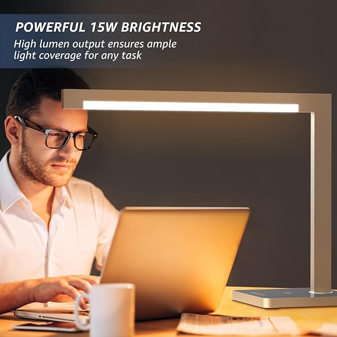 Aluminum LED Desk Lamp with Charging Station, Large 15W Table Lamp with Type-C Ports & 4 Color Temperature Modes(3000K-6000K), Dimmable Desk Light for Home Office,Bedroom (Includes Adapter)