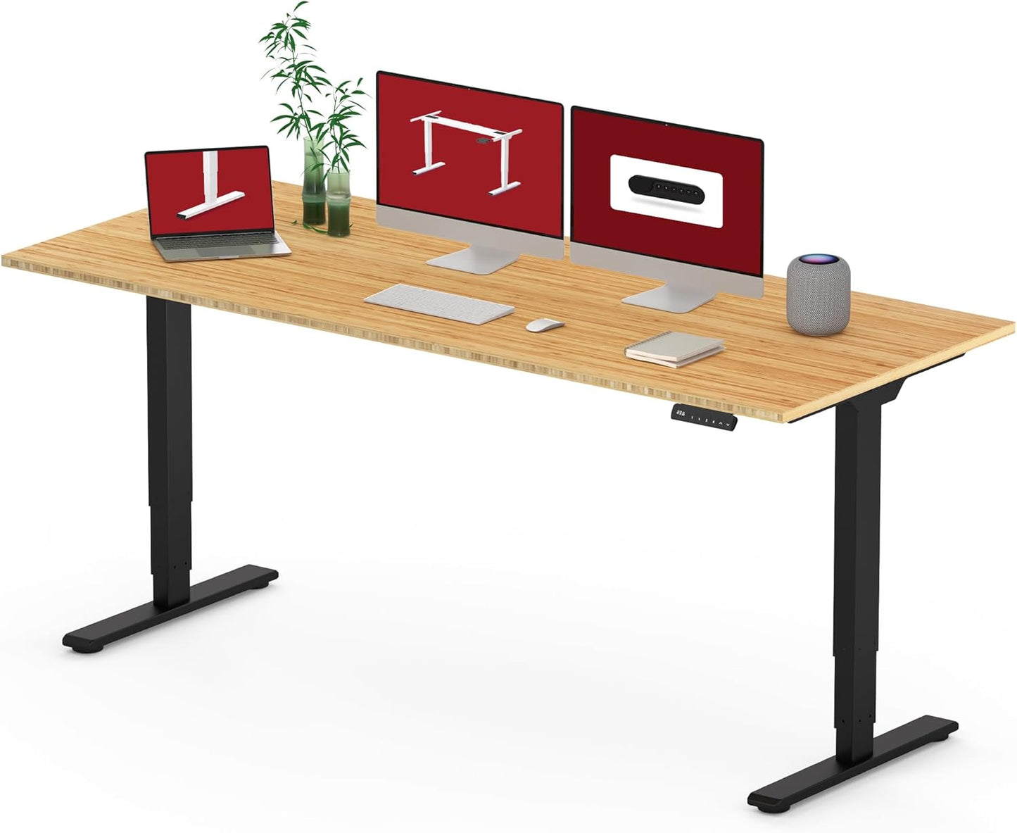 Standing Desk with Dual Motor, 3-Stage Lifting Column, Handset with 3 Preset and Sit-Stand Reminder - 72 inch Whole Piece Real Bamboo/Black Frame, Height Adjustable Desk for Home and Office