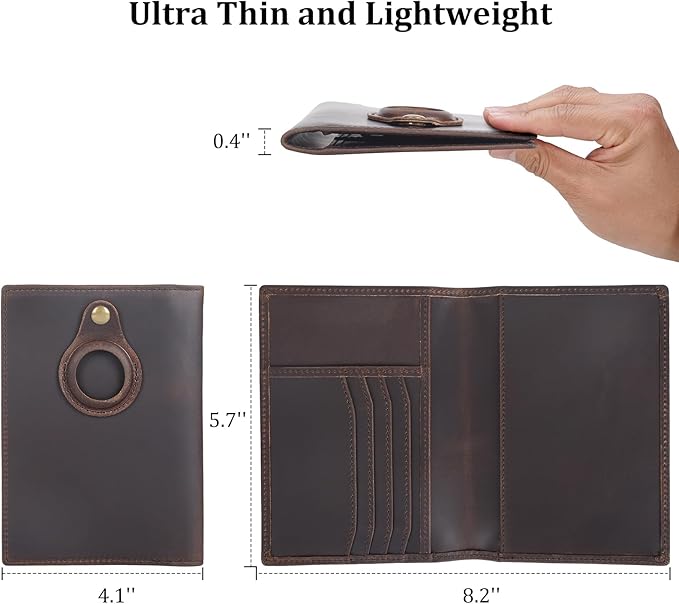 Polare Slim RFID Blocking Leather Passport Holder Travel Bifold Wallet For Men (Dark Brown with AirTag Slot)