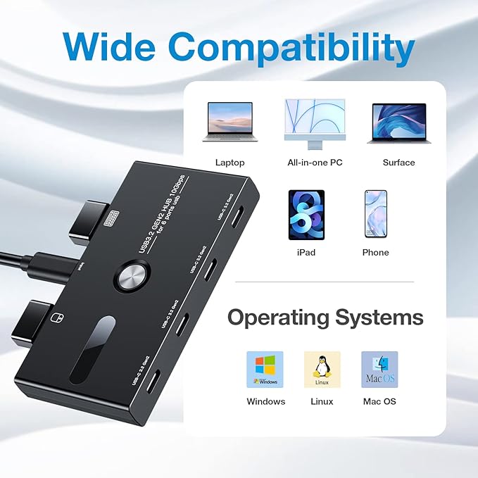 10Gbps USB C Hub, 6 Ports Type C Splitter, USB-A/C to USB C/A Adapter for PC, Laptop, MacBook Pro/Air, iMac, Surface Pro, Chromebook, Etc(HUB ONLY, Not Support Charging/Monitor)