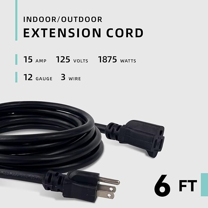 6ft Indoor Outdoor Extension Cord - 12/3 SJTW Heavy Duty Extension Cable with 3 Prong Grounded Plug for Safety -15Amp 1875W Black Electric Cord Great for Garden, Appliances