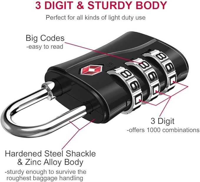 ZHEGE Suitcase Locks TSA Approved, 3 Digit Luggage Locks with Flexible Cable (30 in) for Travel, School & Gym Locker (Black, 2 Pack)