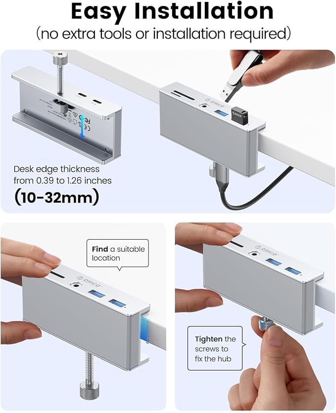 ORICO USB Hub 3.0, Clamp USB Hub with Extra Power Port, Aluminum USB C Adapter with 2 USB-A Data Ports,3.5mm AUX, SD/TF Card Reader for Desktop(Silver)