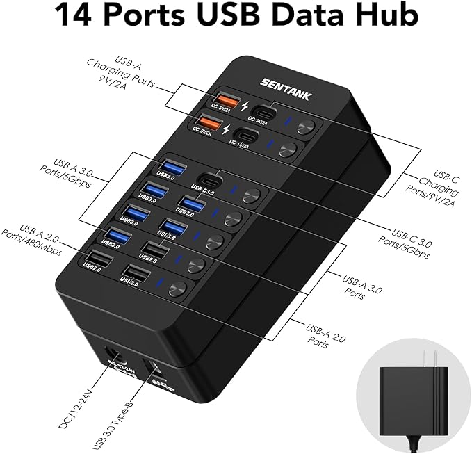 Powered USB Hub,14 Ports USB Data Hub Splitter with 6 USB 3.0 Port,4 Charging Port,1 USB-C 3.0 Data Port,1 PD 60W Charging Port w LED Individual On/Off Switches for MacBook,Mac Pro,Laptop/PC
