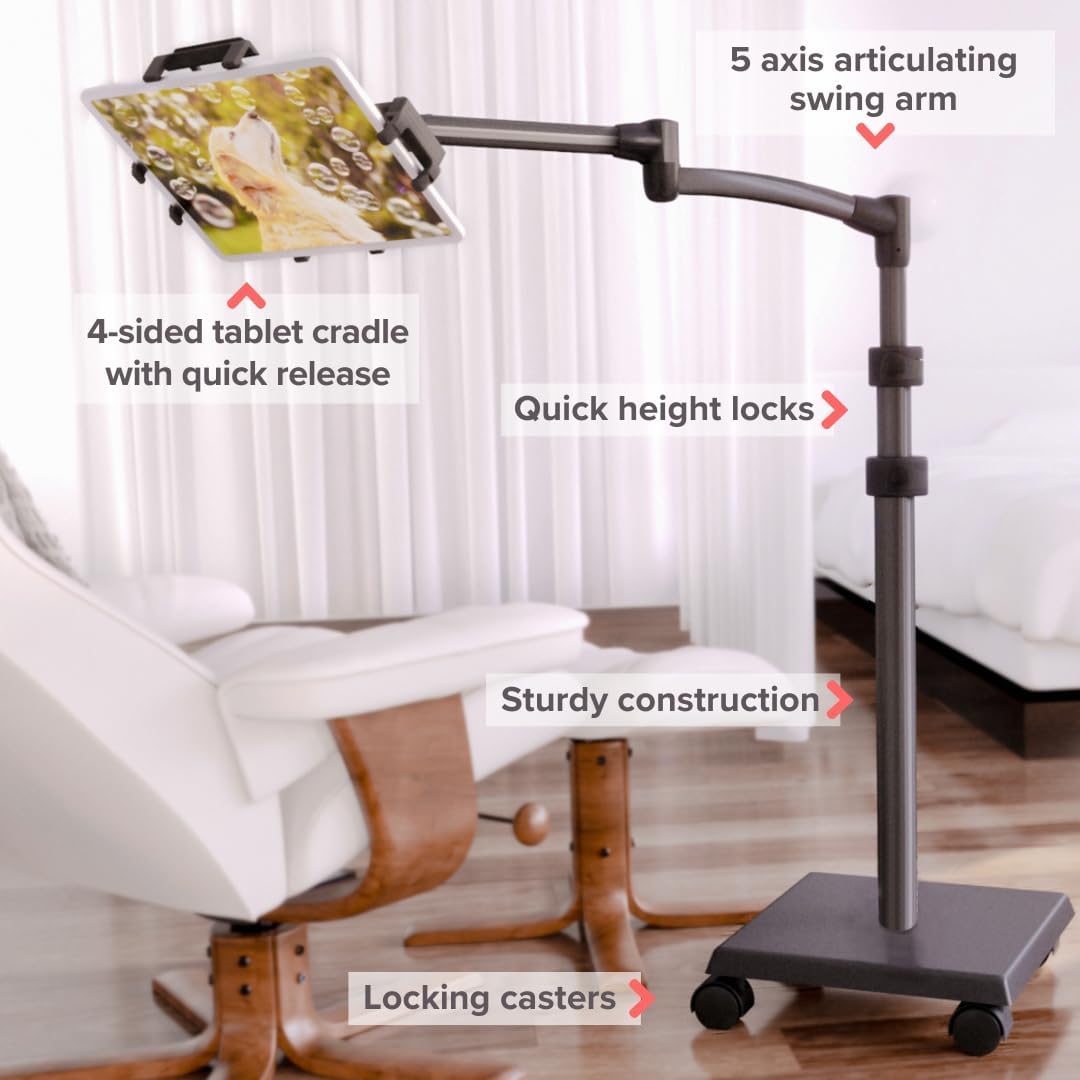 Levo G2 Deluxe Tablet Floor Stand with 5-Axis Arm for iPad, Kindle, Samsung, Universal Fit Adjustable Height 30-56 Inches Hands-Free Use in Bed, Sofa, Office Gunmetal Grey
