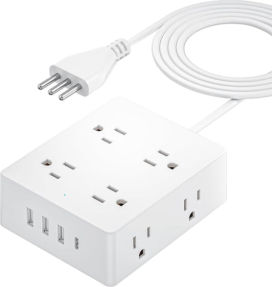 Italy Travel Plug Adapter, Olcorife US to Italy Type L Plug Adapter, International Power Strip with 8 Outlets and 4 USB(1 USB-C), 5 FT Cord for Italy Chile Ethiopia Libya