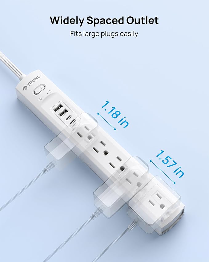 TROND 360° Rotating Plug Surge Protector Power Strip, Flat Plug Power Strip with 2 USB C and 2 USB A, 1440J Surge Protector, Wall Mountable, Flat Extension Cord 3ft for Home Office Dorm, White