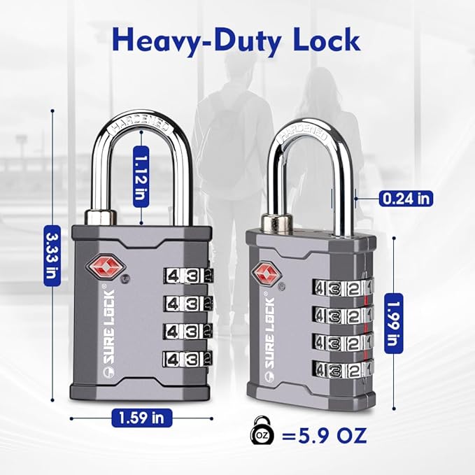 SURE LOCK TSA Accepted 4 Dig Heavy Duty Big Combination Luggage Padlock All Metal Travel Lock for Equipment Hard Case Luggage Gun Case Gym Locker Pelican Vault Lock (2, Grey)