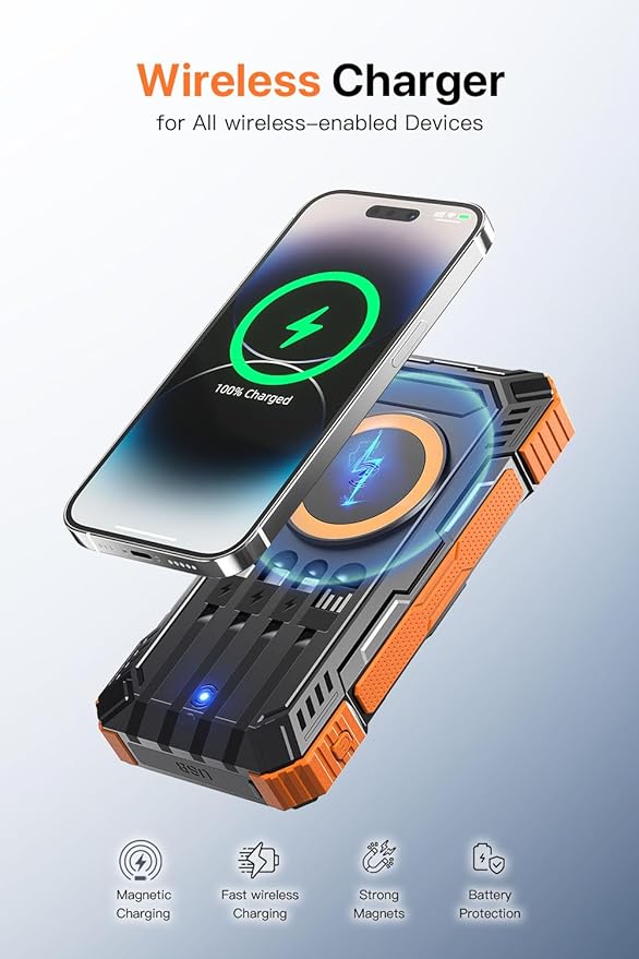 Power Bank 49800mAh Solar Charger Wireless Charging USB-C 5V/3.1A Fast Charging with 4 Built-in Cables LED Flashlight Battery Pack Compatible with iPhone, iPad, Galaxy, Perfect for Camping, Hiking