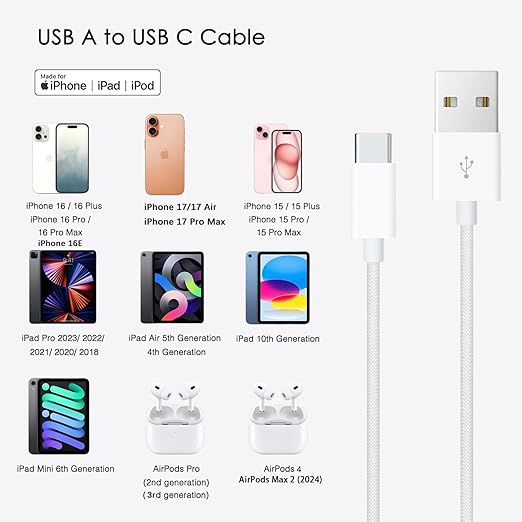 10FT iPhone 15/16/16E Woven USB C Cable for iPhone 17 Air,15/16 Pro Max, Plus,iPad 10th Gen,iPad Pro 12.9/11,iPad Air 5/4th,Mini 6th, AirPods Pro 2nd/3rd gen USB A to USB C Long CarPlay Charger Cord