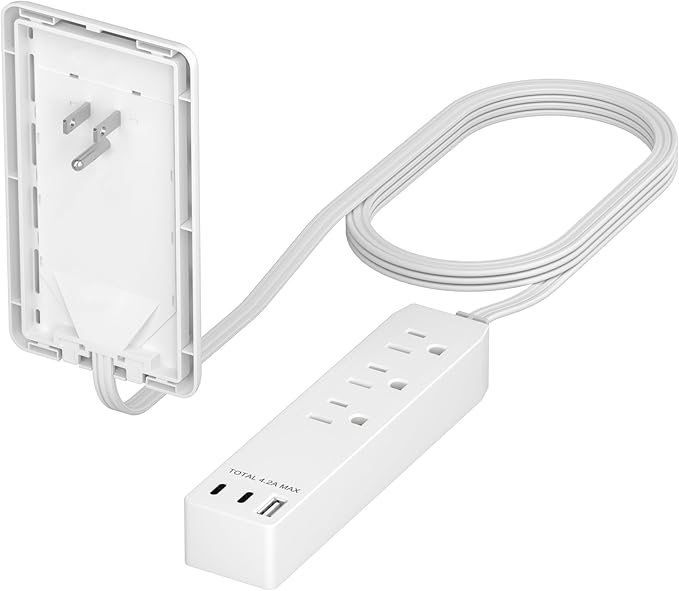 LIDER Outlet Extender with 3 Receptacles, 21W USB Type-A, and 2 USB Type-C, USB Port, Ultra-Thin Wall Plate Plug with Cord Extender, 3-Outlet Power Strip, Flat-Face, ETL-Listed, 3ft Cord, White