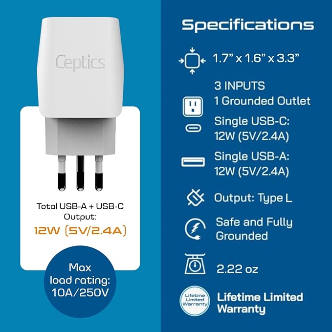 Ceptics Italy Travel Plug Adapter – Type L Italy Power Adapter with USB-C & A + USA Input –Compact, Safe Grounded for Phones, Laptops & More (CTU 12A)