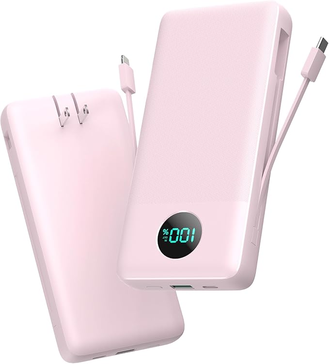 Portable Charger 33800mAh USB C Power Bank with Built-in Cables & AC Wall Plug,25W Fast Charging+QC 4.0 Phone Charger,4 Output LCD Display Battery Pack Compatible with iPhone16/15,Samsung,Android etc