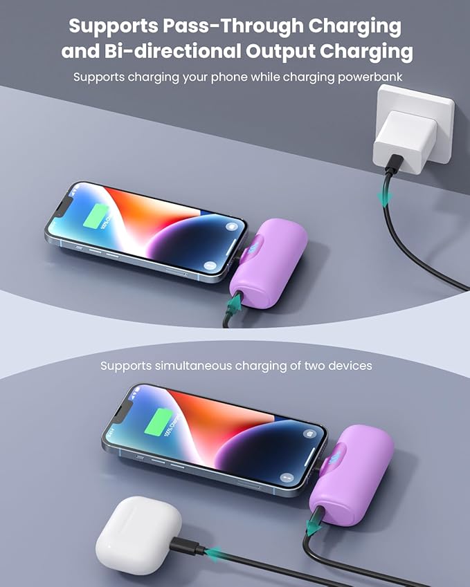 Mini Portable Charger for iPhone,Upgraded 22.5W PD Fast Charging 5500mAh Ultra-Compact Power Bank,LCD Display Plug-in Cute Battery Pack Travel Essentials for iPhone 14/14Pro/13/12/11/X/8/7/6 (Purple)