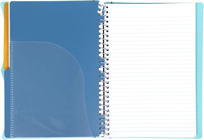 Mintra Office Durable PREMIUM Spiral Notebook, ((Teal, 2 Subject (6in x 9.5in)), Wire, Fabric Covered Coils, No Snags, Removable Adjustable Pocket Dividers, Ruler, Organization, Customizable