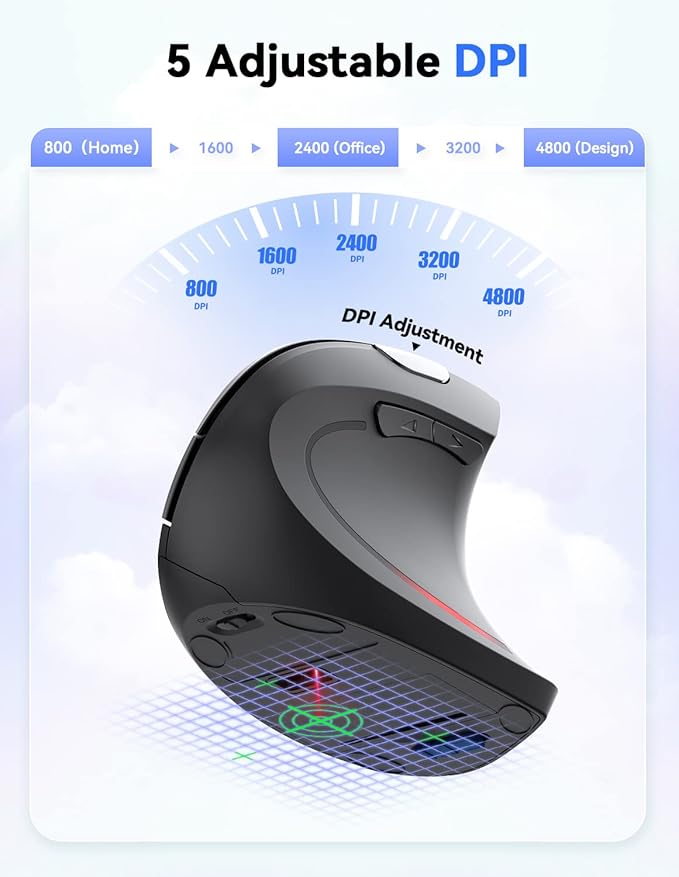 TECKNET 2.4G Ergonomic Mouse Vertical Wireless - 4800 DPI Optical Carpal Tunnel Mouse Right Hand, 5 Adjustable DPI, Quiet Clicks, 6 Buttons for Laptop, Desktop, PC, Computer - Black
