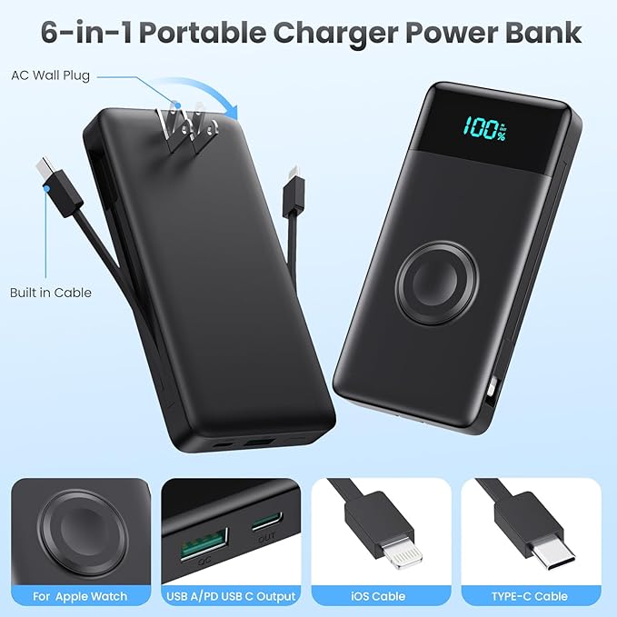 Portable Charger for iPhone with Built in Cables & Wall Plug,6-in-1 10800mah Power Bank With iWatch Charger,QC4.0+25W PD Fast Charging LCD Display Battery Pack for iPhone 16/15/14,Android,Apple Watch