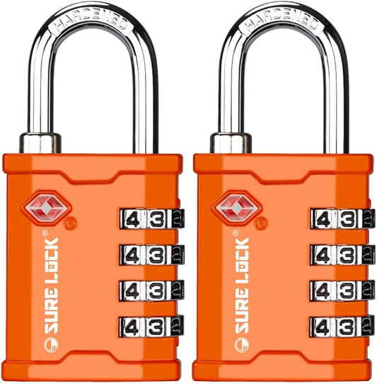 SURE LOCK TSA Accepted 4 Dig Heavy Duty Big Combination Luggage Padlock All Metal Travel Lock for Equipment Hard Case Luggage Gun Case Gym Locker Pelican Vault Lock (2, Orange)