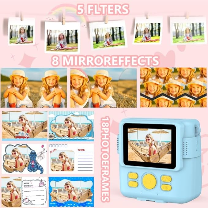 Instant Print Camera for Kids,Christmas Birthday Gifts for Age 3-12 Girls Boys，1080P HD Digital Video Cameras for Toddler,Kids Portable Toy with 3 Rolls Photo Paper，32GB Card-Blue