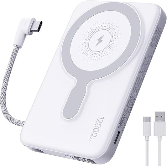 2025 Updated M3 Ultra Slim 0.4'' Wireless Power Bank, 12800mAh Magnetic Portable Charger with Built in Cable and Strap, LED Battery Pack Travel Essentials for iPhone 16/15/14/13/12/Pro/Pro Max Andriod