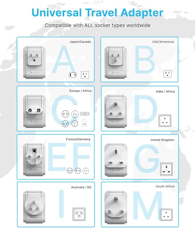 VINTAR Universal Travel Adapter Kit, International Power Adapter with 4 AC and 3 USB Ports(2 USB C), Type A,B,C,D,E/F,G,I,M Detachable Attachments, Travel Adapter Worldwide for India/Africa/Europe/UK