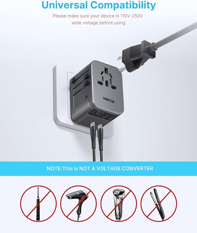 Universal Travel Adapter, VINTAR International Power Adapter with 6A 3 USB C and 2 USB Ports, All in One Travel Essentials Plug Adapter, Worldwide Outlet Converter for Europe UK USA AUS(Type C/G/A/I)
