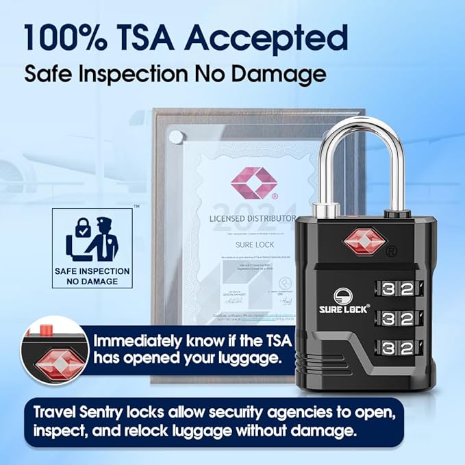 SURE LOCK TSA Locks for Luggage, TSA Approved Luggage Locks with Open Alert, 008 Key for High Security, Easy Read Dials, Zinc Alloy Body, Locker Lock for Suitcase, Gym, Travel. (Black 1 pk)
