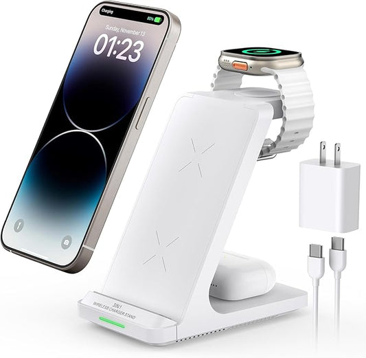 Wireless Charging Station, 3 in 1 Fast Wireless Charger Stand for Multiple Devices Apple Watch Ultra Series 11 10 9 8 7 6 SE 5 4 3 2, iPhone 17 16 15 14 13 12 11 Pro Max/Plus/Air/X/XS/XR/SE, Airpods