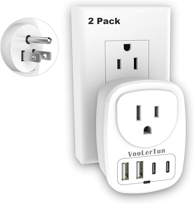 Multi Plug Outlet Extender 2 Packs, Wall Plug Adapter, American Type B Plug Adapter with 1 Electrical Outlets, 4 USB Charger Ports (2 USB C), for School, Travel, Office, Home Essentials