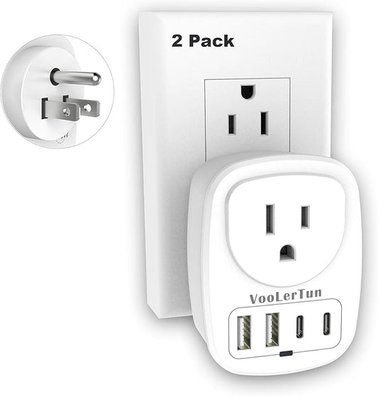 Multi Plug Outlet Extender 2 Packs, Wall Plug Adapter, American Type B Plug Adapter with 1 Electrical Outlets, 4 USB Charger Ports (2 USB C), for School, Travel, Office, Home Essentials