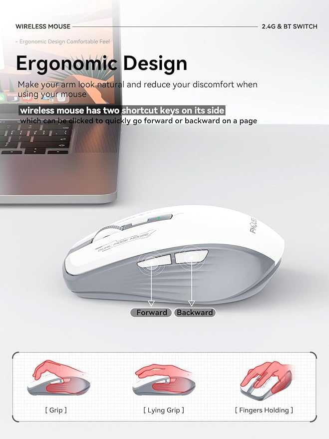 Wireless Mouse (Bluetooth & 2.4GHz USB) with Forward/Backward Side Keys, Silent Click, Ergonomic Portable AA Battery Mice for Laptop/Mac/iPad - Office & Travel Use, White & Grey