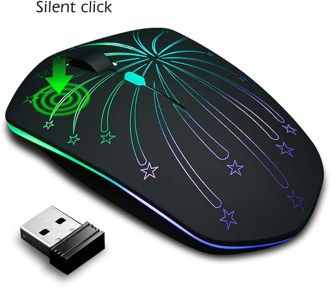 Rechargeable Wireless Mouse, Backlit Powered by Li-Polymer Battery, Optical Sensor, Nano USB Receiver,3 Stages DPI Speed, 4 Buttons for PC, Laptop, Tablet, MacBook etc. (Solo Firework)