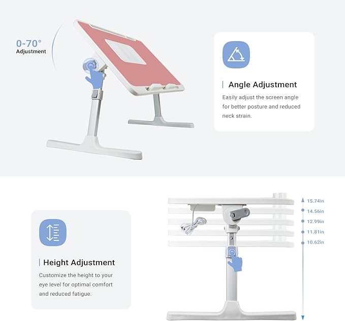 Laptop Lap Desk Include Cooling Fan,Adjustable Lap Desk with Light Fan,Folding Laptop Desk for Bed with USB,Bed Desk with Storage Drawer 56x32cm,Pink