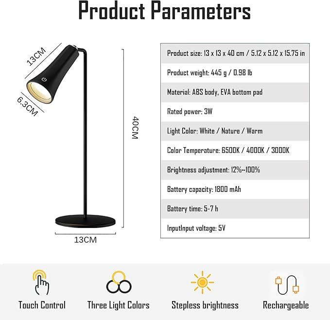 5 Modes Rechargeable LED Lamp with Magnet Swivel Joint, Touch Control, Adjustable Brightness, Color, 360° Angle, Can Become Desk Lamp, Clip Lamp, Wall Lamp, Flashlight, Portable Charger (Black)
